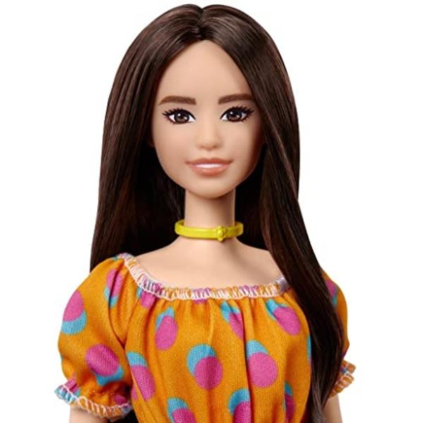 Barbie Fashionistas Doll #160 with Long Brunette Hair Wearing Patterned Orange Dress, White Shoes & Yellow Choker, Toy for Kids 3 to 8 Years Old