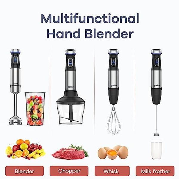 Ganiza Immersion Blender 5 in 1 Hand Blender Max 1000W Heavy Duty Motor, 16 Speed Mode Handheld Blender Stainless Steel Blade With 800ml Mixing Beaker, 600ml Chopper, Whisk and Mil