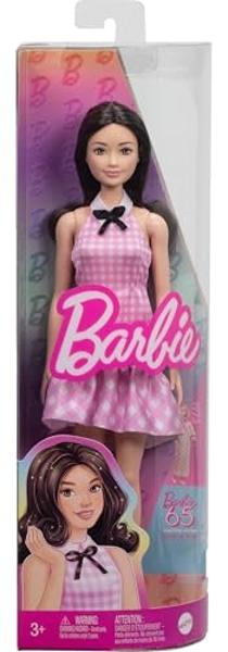 Barbie Fashionistas Doll #224 with Black Wavy Hair, Pink Gingham Dress & Accessories, 65th Anniversary Collectible Toy