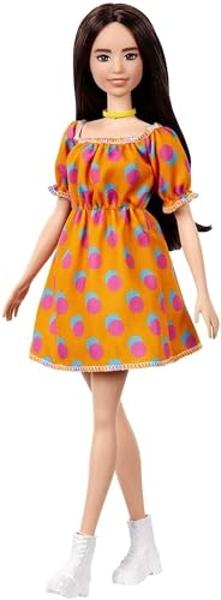 Barbie Fashionistas Doll #160 with Long Brunette Hair Wearing Patterned Orange Dress, White Shoes & Yellow Choker, Toy for Kids 3 to 8 Years Old
