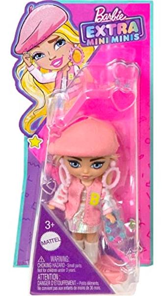 Barbie Extra Mini Minis Doll with Blonde Hair, Beret, Varsity Jacket & Accessories & Stand, 3.25-inch