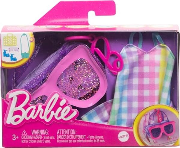 Barbie Clothes & Accessories, Deluxe Sunglasses-Shaped Bag with Keychain, Multicolor Gingham Dress & Summery Accessories for Fashion Dolls