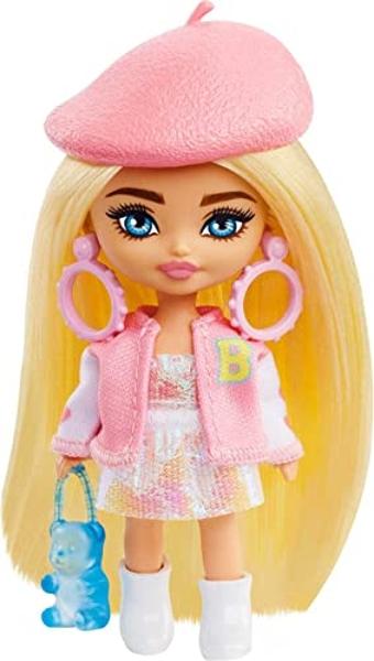 Barbie Extra Mini Minis Doll with Blonde Hair, Beret, Varsity Jacket & Accessories & Stand, 3.25-inch