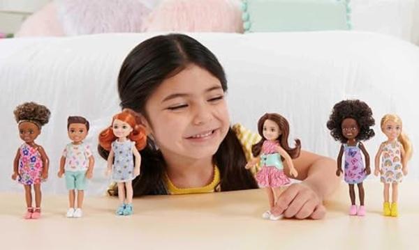Barbie Chelsea Doll (Brunette Curly Hair) Wearing One-Shoulder Flower-Print Dress and Pink Shoes, Toy for Kids Ages 3 Years Old & Up