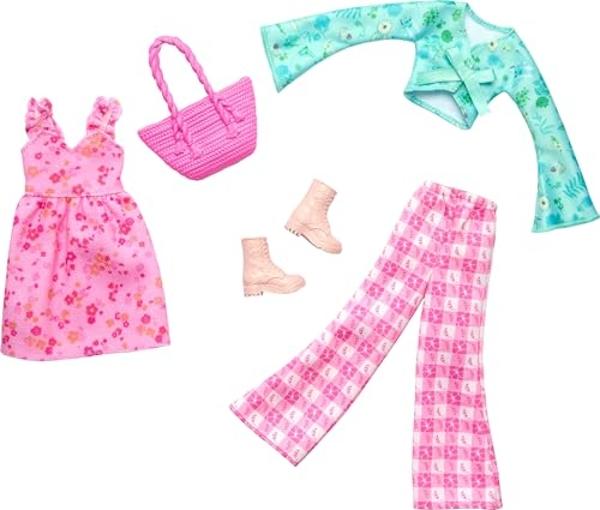 Barbie Fashions 2-Pack Clothing Set, 2 Outfits for Fashion Doll Include Cottage Core-Themed Dress, Top, Gingham Pants & 2 Accessories