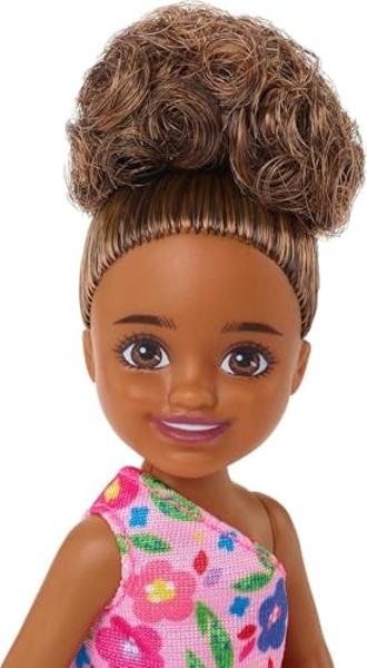 Barbie Chelsea Doll (Brunette Curly Hair) Wearing One-Shoulder Flower-Print Dress and Pink Shoes, Toy for Kids Ages 3 Years Old & Up