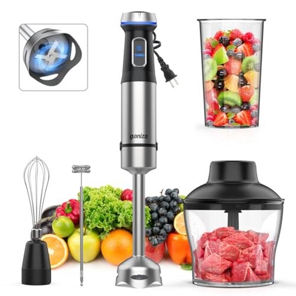 Ganiza Immersion Blender 5 in 1 Hand Blender Max 1000W Heavy Duty Motor, 16 Speed Mode Handheld Blender Stainless Steel Blade With 800ml Mixing Beaker, 600ml Chopper, Whisk and Mil