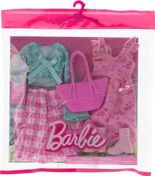 Barbie Fashions 2-Pack Clothing Set, 2 Outfits for Fashion Doll Include Cottage Core-Themed Dress, Top, Gingham Pants & 2 Accessories