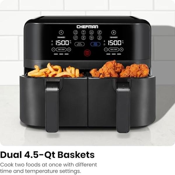 Chefman TurboFry Touch Dual Air Fryer, Maximize The Healthiest Meals With Double Basket Capacity, One-Touch Digital Controls And Shake Reminder For The Perfect Crispy And Low-Calor