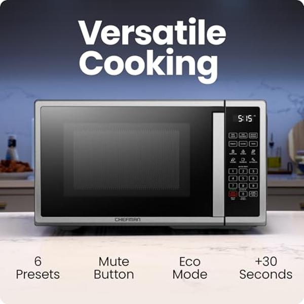 Chefman Countertop Microwave Oven 0.7 Cu. Ft. Digital Stainless Steel Microwave 700 Watts with 6 Auto Menus, 10 Power Levels, Eco Mode, Memory, Mute Function, Child Safety Lock, Ea