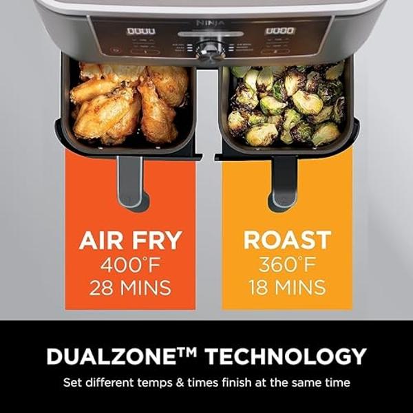 Ninja DZ401 Foodi 10 Quart 6-in-1 DualZone XL 2-Basket Air Fryer with 2 Independent Frying Baskets, Match Cook & Smart Finish to Roast, Broil, Dehydrate for Quick, Easy Family-Size