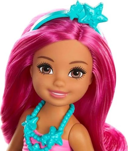 Barbie Dreamtopia Chelsea Mermaid Doll with Pink Hair & Tail, Royal Headband Accessory, Small Doll Bends at Waist