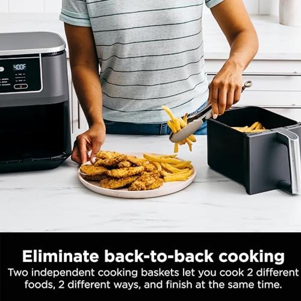 Ninja DZ401 Foodi 10 Quart 6-in-1 DualZone XL 2-Basket Air Fryer with 2 Independent Frying Baskets, Match Cook & Smart Finish to Roast, Broil, Dehydrate for Quick, Easy Family-Size