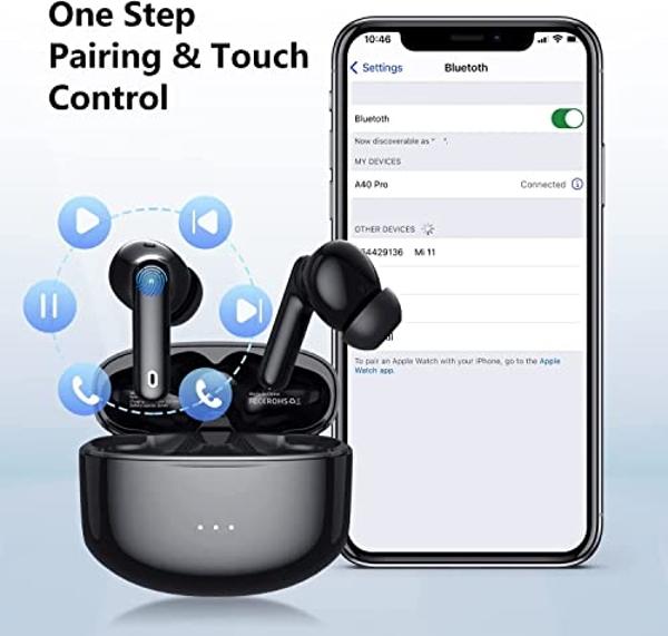 A40 Pro Wireless Earbuds, 50Hrs Playtime Bluetooth Earbuds Built in Noise Cancellation Mic with Charging Case, Headphones Stereo Sound, IPX7 Waterproof Ear buds for iPhone and Andr