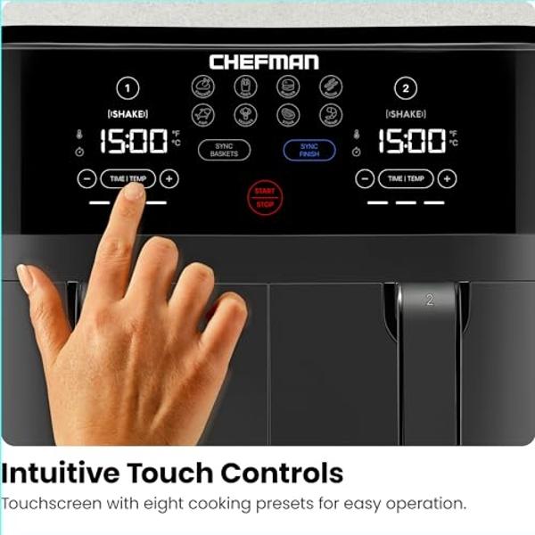 Chefman TurboFry Touch Dual Air Fryer, Maximize The Healthiest Meals With Double Basket Capacity, One-Touch Digital Controls And Shake Reminder For The Perfect Crispy And Low-Calor