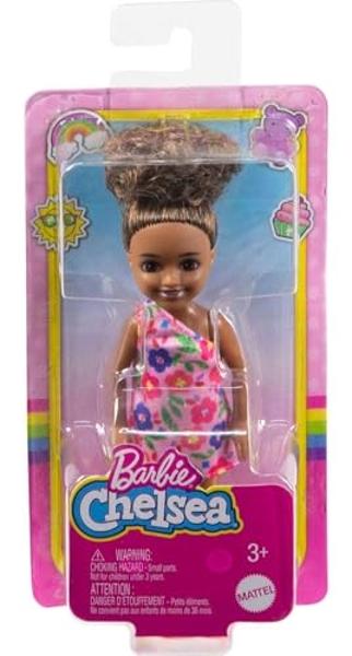 Barbie Chelsea Doll (Brunette Curly Hair) Wearing One-Shoulder Flower-Print Dress and Pink Shoes, Toy for Kids Ages 3 Years Old & Up