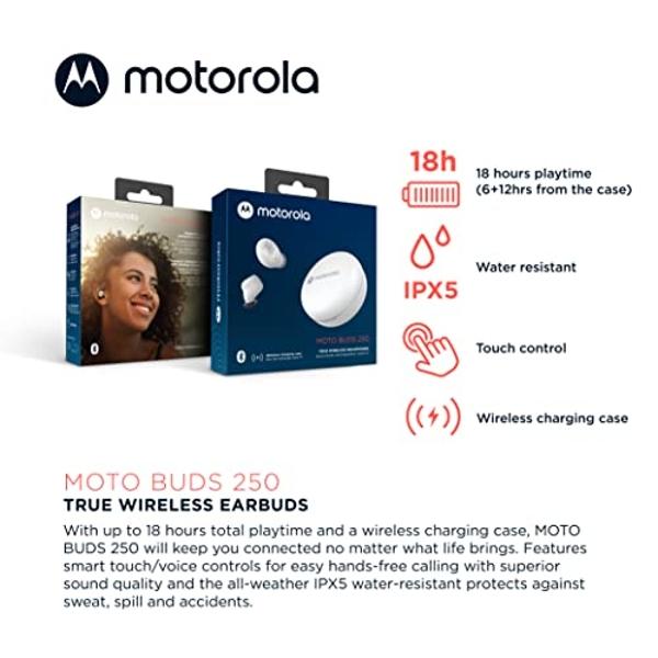 Motorola Moto Buds 250 - Wireless Earbuds & Microphone, Wireless Charging Case, IPX5 Water Resistance, Great for Small Ears, Clear Sound & Deep Bass - White