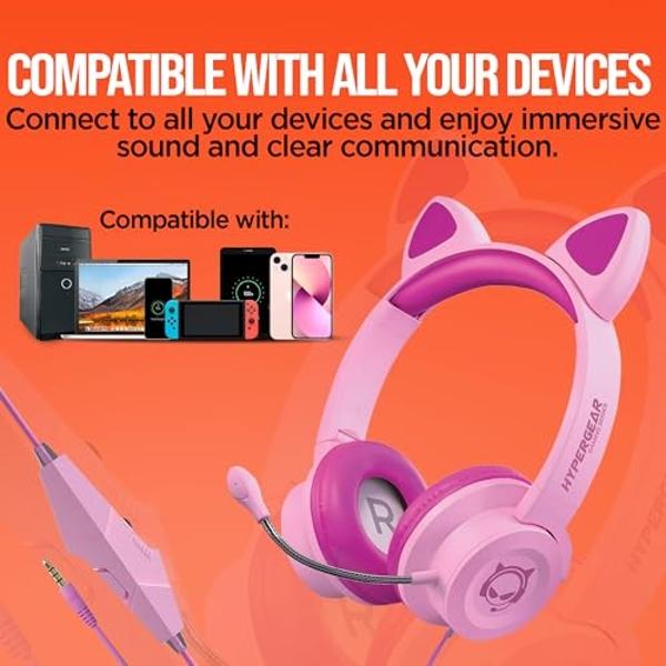HyperGear Kombat Kitty Cat Ear Headphones w/Mic - Cute Wired Kitty Headphones for Kids, Ideal for Home, School, Streaming, Recording, Gaming, Computer Setup, Fits 3.5mm Devices - P