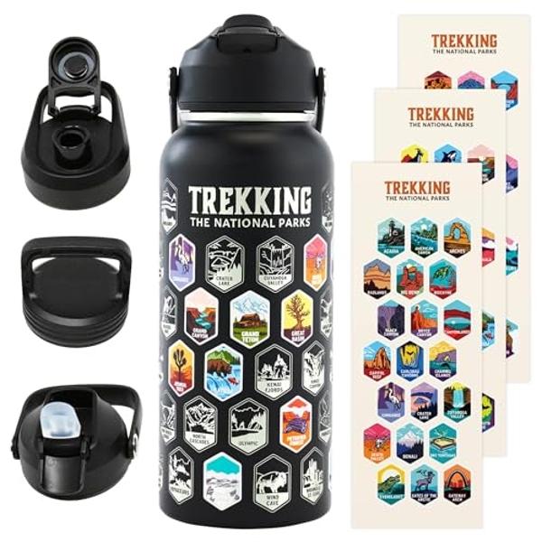Trekking The National Parks Water Bottle with 63 Waterproof Stickers & 3 Lids (Straw, Spout, & Chug) | 32 Oz Insulated Wide Mouth Stainless Steel Bottle for Camping & Hiking | BPA-