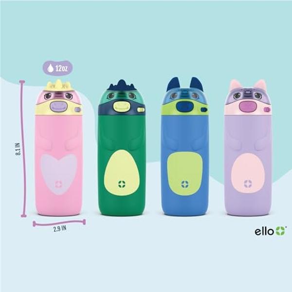 Ello Ellies 12oz Vacuum Insulated Stainless Steel Kids Water Bottle with Straw and Built-in Carrying Handle and Leak-Proof Locking Lid for School Backpack, Lunchbox and Outdoor Spo