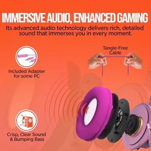 HyperGear Kombat Kitty Cat Ear Headphones w/Mic - Cute Wired Kitty Headphones for Kids, Ideal for Home, School, Streaming, Recording, Gaming, Computer Setup, Fits 3.5mm Devices - P