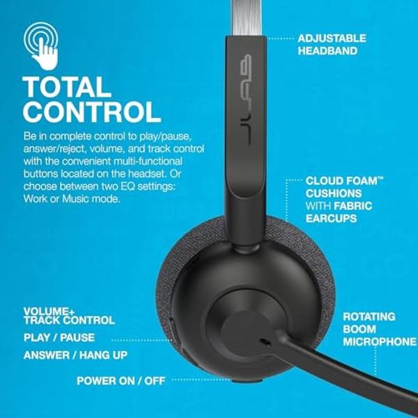 JLab Go Work Pop On-Ear Wireless Headset, Black, 50+ Hours Playtime, Bluetooth Multipoint, Rotating Boom Mic, Noise Canceling MEMS Microphone, Light-Weight, Portable, PC/Mac| Mobil