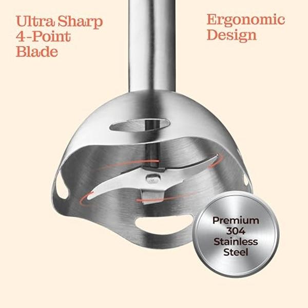 Powerful Immersion Blender, Electric Hand Blender 500 Watt with Turbo Mode, Detachable Base. Handheld Kitchen Blender Stick for Soup, Smoothie, Puree, Baby Food, 304 Stainless Stee