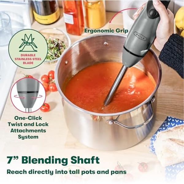BELLA Immersion Blender, Portable Mixer and Emulsifier with Whisk Attachment, 2 Speed, Electric Handheld Juicer, Shakes, Baby Food and Smoothie Maker, Stainless Steel, BPA Free, 25