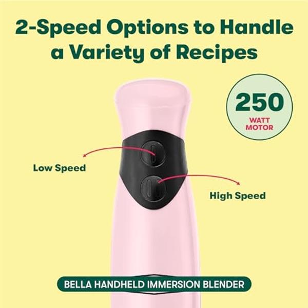 BELLA Immersion Hand Blender, Portable Mixer with Whisk Attachment - Electric Handheld Juicer, Shakes, Baby Food and Smoothie Maker, Stainless Steel, Pink