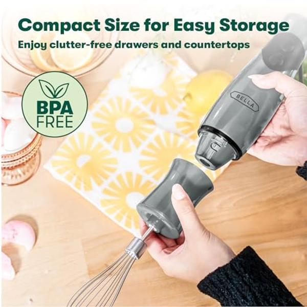 BELLA Immersion Blender, Portable Mixer and Emulsifier with Whisk Attachment, 2 Speed, Electric Handheld Juicer, Shakes, Baby Food and Smoothie Maker, Stainless Steel, BPA Free, 25
