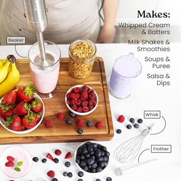 Zulay 4-in-1 Immersion Stick Mixer Hand Blender - 800 Watts, 12 Speeds, 5-ft Power Electric Cord, Handheld Portable, Stainless Steel Blades - With Whisk, Frother & Stick Blender At