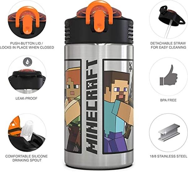 Zak Designs Minecraft - Stainless Steel Water Bottle with One Hand Operation Action Lid and Built-in Carrying Loop, with Straw Spout is Perfect for Kids (15.5 oz, 18/8, BPA-Free)