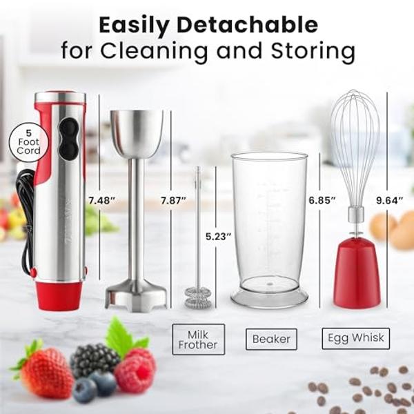 Zulay 4-in-1 Immersion Stick Mixer Hand Blender - 800 Watts, 12 Speeds, 5-ft Power Electric Cord, Handheld Portable, Stainless Steel Blades - With Whisk, Frother & Stick Blender At