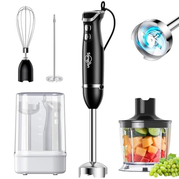Sangcon 6-in-1 Immersion Blender Handheld, Hand Blender with Chopper & 34oz Blending Cup Storage Base, 2-Speed Adjustable Stick Blender,Stainless Steel Blades, Detachable Blender, 