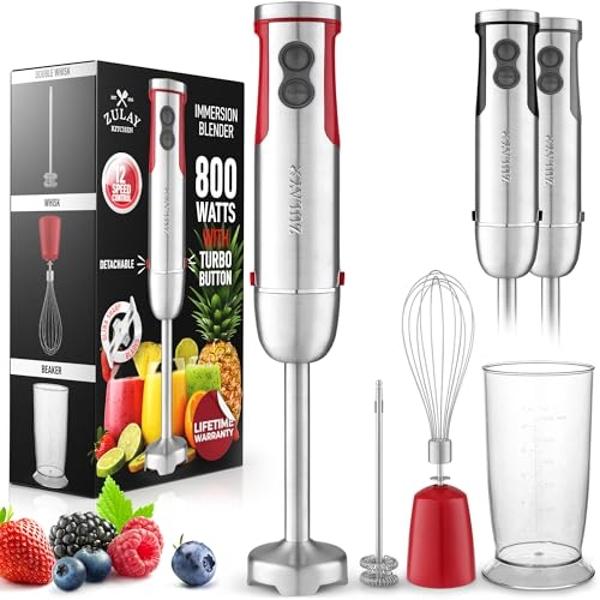 Zulay 4-in-1 Immersion Stick Mixer Hand Blender - 800 Watts, 12 Speeds, 5-ft Power Electric Cord, Handheld Portable, Stainless Steel Blades - With Whisk, Frother & Stick Blender At