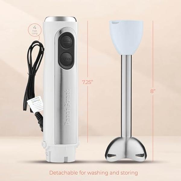 Powerful Immersion Blender, Electric Hand Blender 500 Watt with Turbo Mode, Detachable Base. Handheld Kitchen Blender Stick for Soup, Smoothie, Puree, Baby Food, 304 Stainless Stee