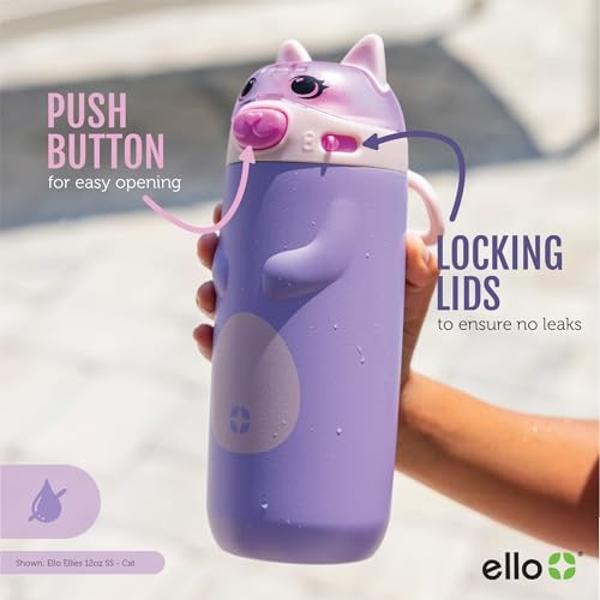 Ello Ellies 12oz Vacuum Insulated Stainless Steel Kids Water Bottle with Straw and Built-in Carrying Handle and Leak-Proof Locking Lid for School Backpack, Lunchbox and Outdoor Spo