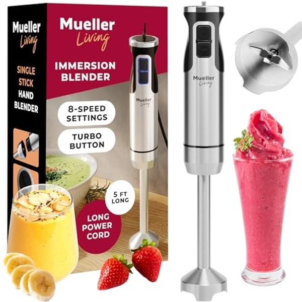 MuellerLiving Immersion Blender Handheld - 8 Speed Stainless Steel Electric Hand Blender, Emulsion Blender Stick Kitchen Gadget with Turbo Mode