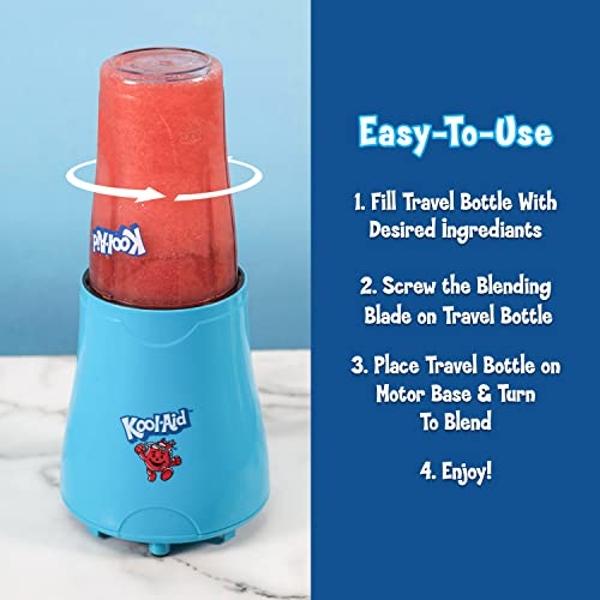 Nostalgia Kool-Aid Slush ‘N Go Personal Blender for Smoothies, Slushies, Shakes, and Fruit Blends, Includes Two 15 Oz Travel Bottles, Cup Lid, and Reusable Straw, Blue