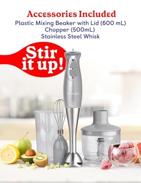 BETTY CROCKER Immersion Blender for Home & Kitchen, 2-Speed Hand Mixer Electric Handheld with Stainless Steel Blade, Beaker & Whisk, 250W Portable Blender with Ergonomic Handle, Si