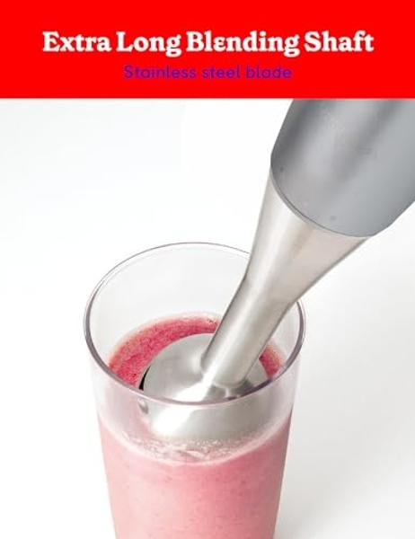 BETTY CROCKER Immersion Blender for Home & Kitchen, 2-Speed Hand Mixer Electric Handheld with Stainless Steel Blade, Beaker & Whisk, 250W Portable Blender with Ergonomic Handle, Si