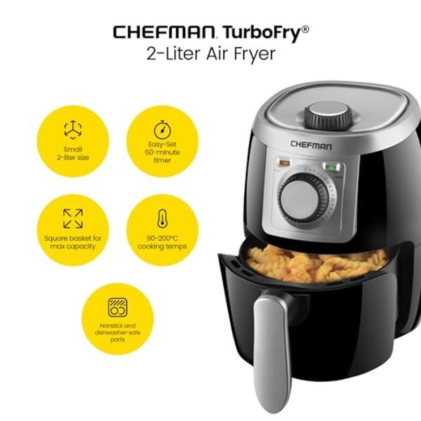 CHEFMAN Small, Compact Air Fryer Healthy Cooking, 2 Qt, Nonstick, User Friendly and Adjustable Temperature Control w/ 60 Minute Timer & Auto Shutoff, Dishwasher Safe Basket, BPA - 