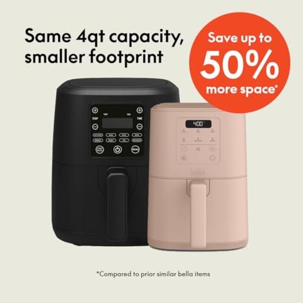 bella 4Qt Slim Air Fryer, Fits-anywhere™ Kitchenware, EverGood™ Ceramic Nonstick Coating, Adjustable Temperature, 6 Preset Cooking Options, 60 Min Auto Shutoff w Audible Tone, 3.3l