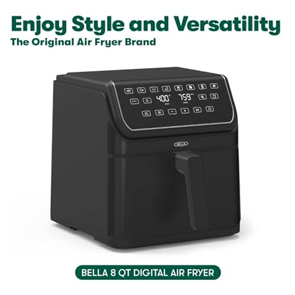 bella 8 Qt Digital Air Fryer with TurboCrisp Technology, Large Family Size Nonstick Cooking Basket and Crisping Tray, Multiple Preset Functions, Auto Shutoff, Black, 1750 Watt