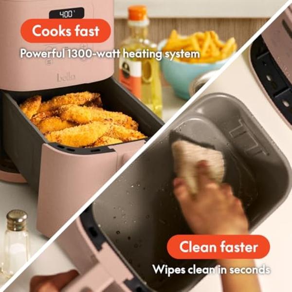 bella 4Qt Slim Air Fryer, Fits-anywhere™ Kitchenware, EverGood™ Ceramic Nonstick Coating, Adjustable Temperature, 6 Preset Cooking Options, 60 Min Auto Shutoff w Audible Tone, 3.3l