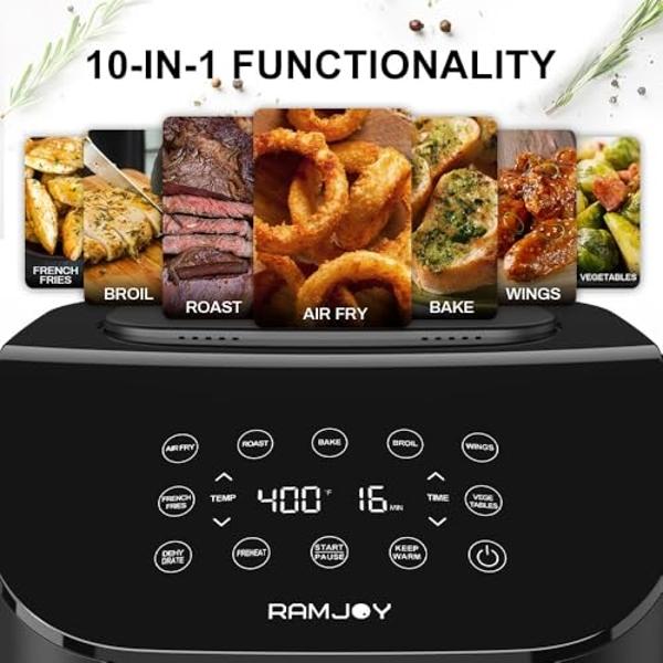 RAMJOY Air Fryer 6.8 Quarts, 10-in-1 Functions, Air Fry, Roast, Bake, Broil, Dehydrate, Large & Compact Air Fryers, Nonstick & Dishwasher-Safe Airfryer Basket, Stainless Steel Air 