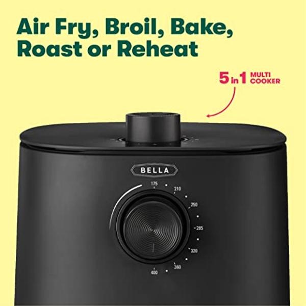 BELLA 3 Qt Manual Air Fryer Oven and 5-in-1 Multicooker with Removable Nonstick and Dishwasher Safe Crisping Tray and Basket, 1400 Watt Heating System, Matte Black