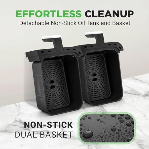 Nutrichef Double Basket Air Fryer 8.8 QT | Family Size Oil Free Airfryer with Transparent Window | 9-1 Preset Cooking Options | 360° Hot Air Circulation Technology | 4.4 QTs per Ba
