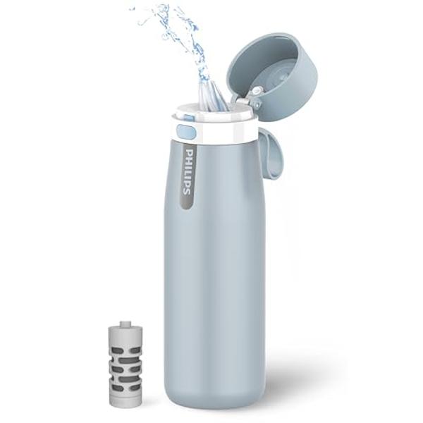 PHILIPS Water Bottle with Filter, Filter Water Bottle Stainless Steel with GoZero Everyday BPA-Free Tap Water Filter, Water Filter Bottle Keep Drink Cold 24 Hours, 1 Filter for 40 