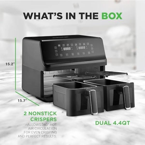 Nutrichef Double Basket Air Fryer 8.8 QT | Family Size Oil Free Airfryer with Transparent Window | 9-1 Preset Cooking Options | 360° Hot Air Circulation Technology | 4.4 QTs per Ba